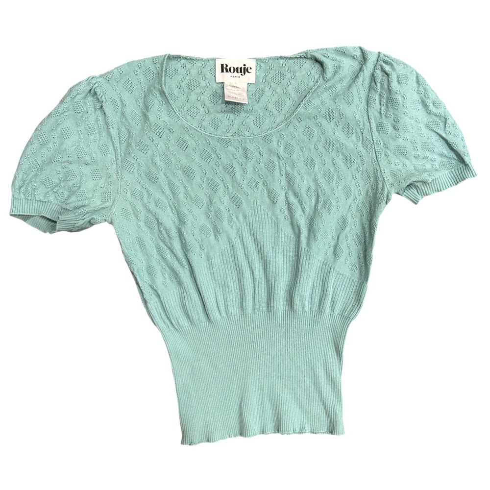 Rouje Paris Mint Green Cotton Silk Pointelle Knit Short Sleeve Top Size 38 US 6